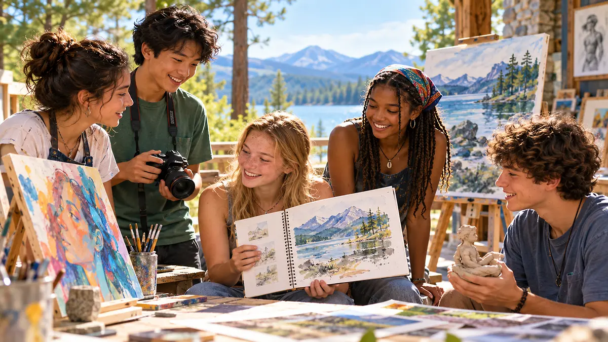 Teens sharing paintings, photography, sketches, and sculpture together at summer art camp